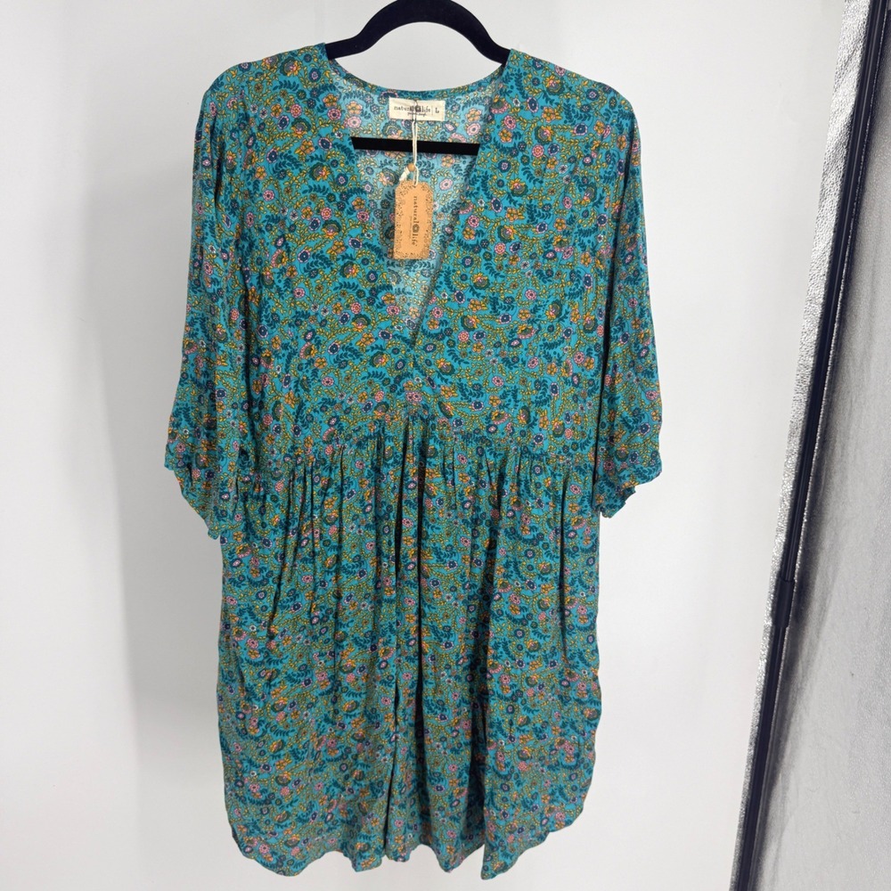 Natural Life Teal Floral Boho Babydoll Mini Dress V-Neck Pockets L Flowy NEW
